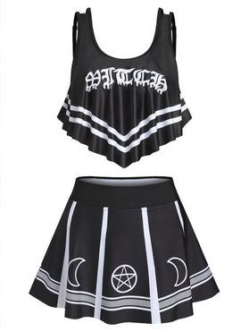 Gothic Tummy Control Swimsuit Letter Moon Star Print Flounce Sporty Tankini Swimwear Set
