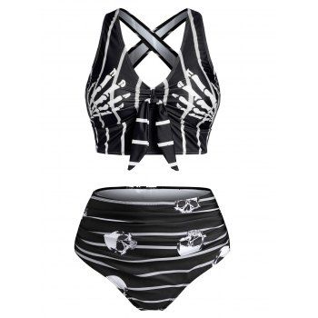 

Plus Size Skull Ruched Criss Cross Tankini Swimwear, Black