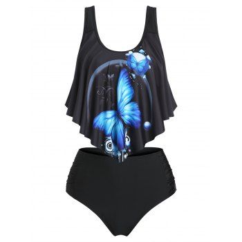 

Gothic Swimsuit Flounce Butterfly Print Ruched Beach Bathing Suit Tummy Control Tankini Swimwear, Black