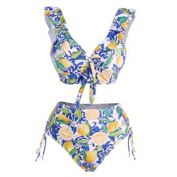 

Vacation Swimsuit Lemon Floral Leaf Print Bowknot Ruffle Cinched Tankini Swimwear Set, Blue