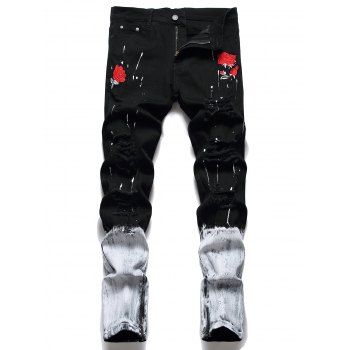 Ripped Flower Embroidery Jeans Distressed Splatter Painting Zipper Hem Destroy Wash Denim Pants dresslily imagine noua 2022