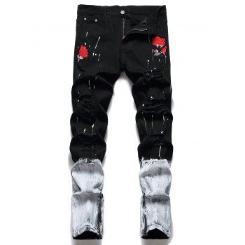 

Ripped Flower Embroidery Jeans Distressed Splatter Painting Zipper Hem Destroy Wash Denim Pants, Black