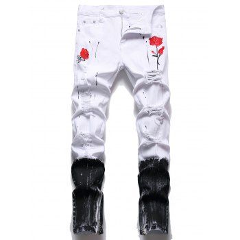 

Ripped Flower Embroidery Jeans Distressed Splatter Painting Zipper Hem Destroy Wash Denim Pants, White