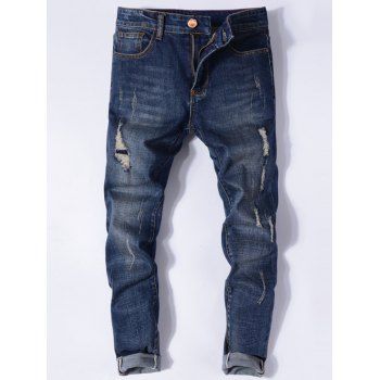 Distressed Ripped Jeans Scratches Long Destroy Wash Straight Denim Pants