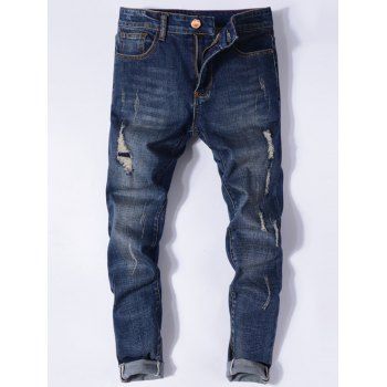 

Distressed Ripped Jeans Scratches Long Destroy Wash Straight Denim Pants, Blue