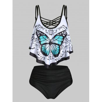

Gothic Tankini Swimsuit Ruffle Butterfly Print Bathing Suit Crisscross Tummy Control Swimwear, Black