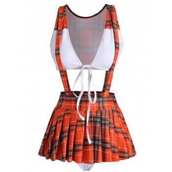 

Preppy Swimwear Plaid Print Tie Up Plunging Suspender Skirt Three Pieces Tankini Swimsuit, Red