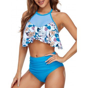 

Summer Beach Swimsuit Floral Print Mesh Tie Up Ruffle Ruched High Waist Tankini Swimwear, Light blue