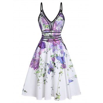 Vacation A Line Sundress Butterfly Flower Print Plunge Contrast Piping Summer Dress