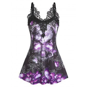 

Skull Flower Print Gothic Tank Top Crochet Lace Insert Summer Casual Top, Black