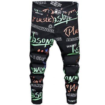 

Casual Straight Denim Pants Graphic Letter Pockets Zipper Fly Jeans, Black