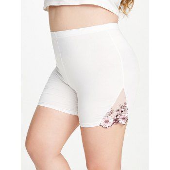 Women Plus Size Flower Embroidery Mesh Insert Short Leggings Clothing Online 1x White