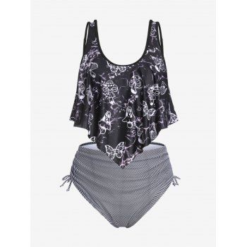 

Plus Size & Curve Mushroom Print Ruffled Overlay Striped Cinched Tankini Swimsuit, Black