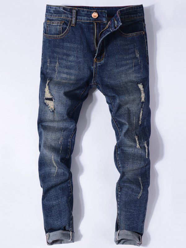Distressed Ripped Jeans Scratches Long Destroy Wash Straight Denim Pants - BLUE 32