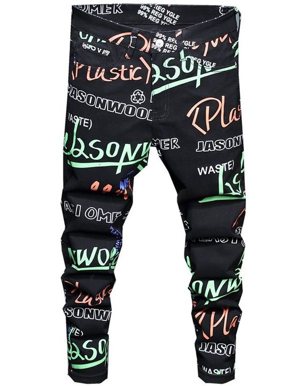 Casual Straight Denim Pants Graphic Letter Pockets Zipper Fly Jeans - BLACK 38