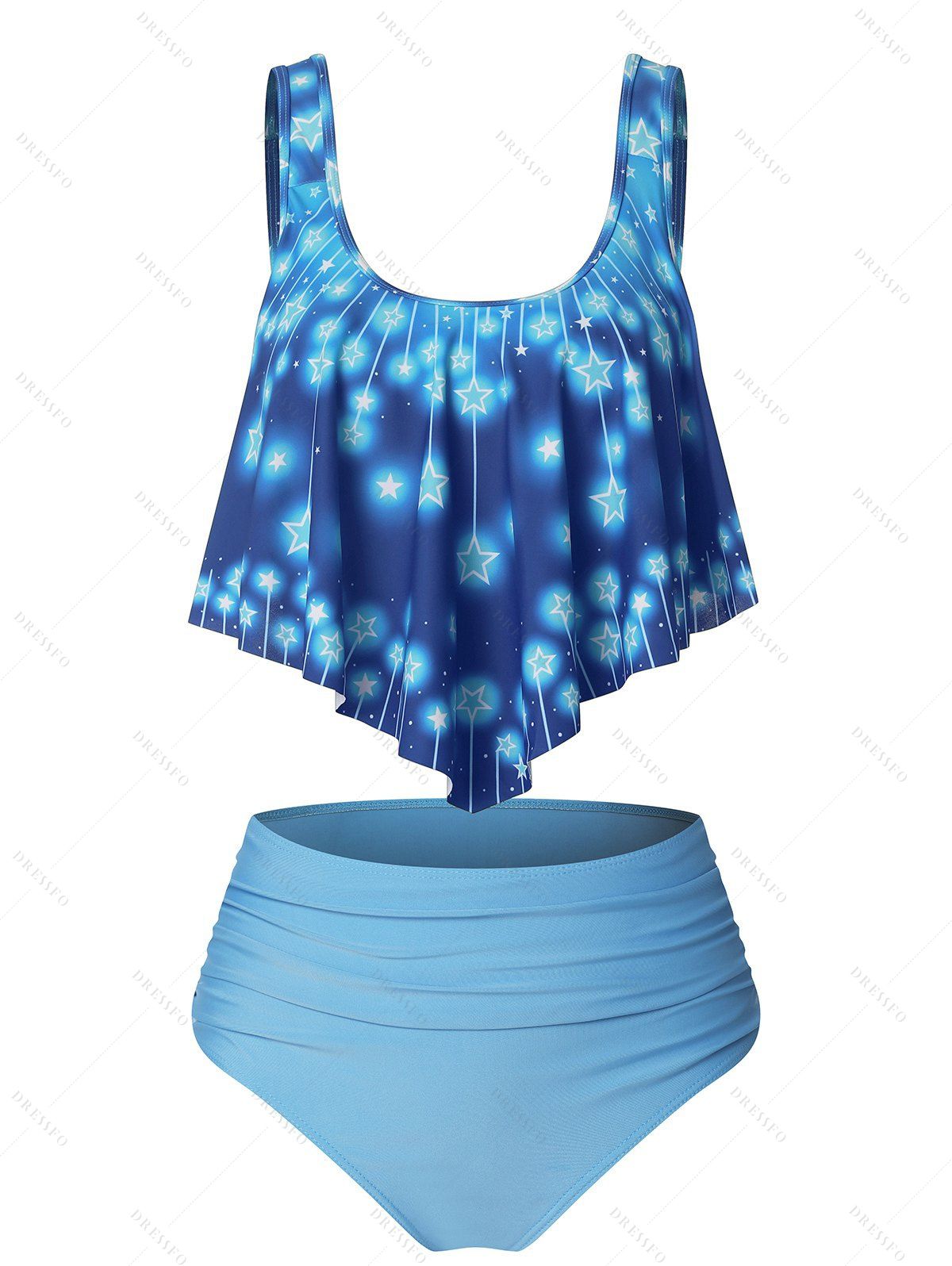 Stars Print Ruched Hem Double Straps Tankini Swimwear - BLUE XL