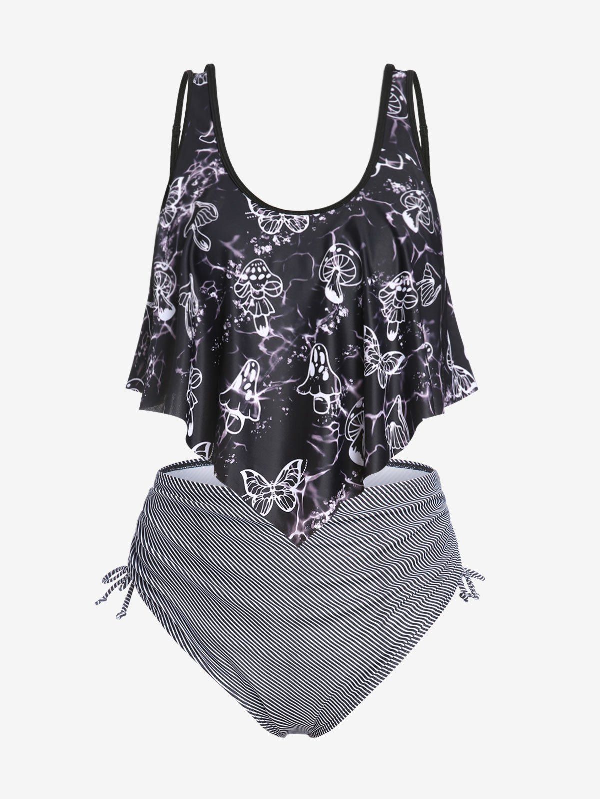 Plus Size & Curve Mushroom Print Ruffled Overlay Striped Cinched Tankini Swimsuit - BLACK 5X