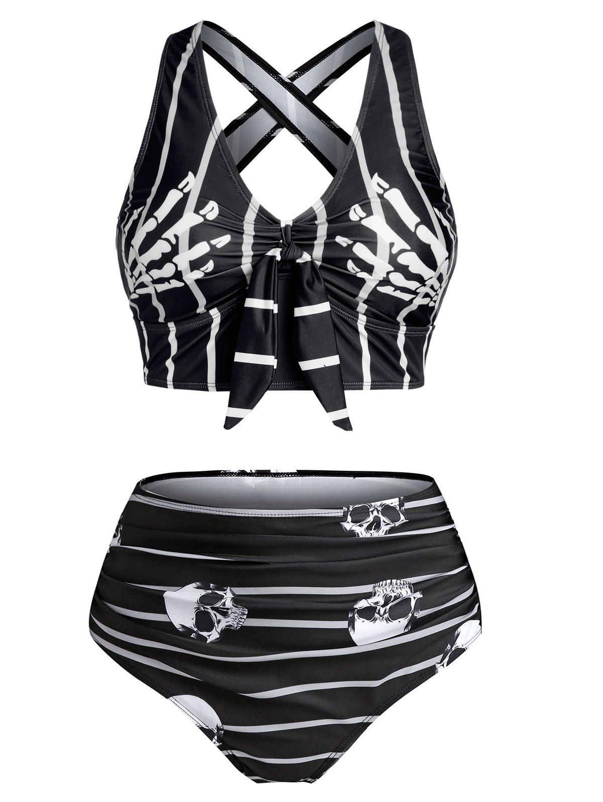 Plus Size Skull Ruched Criss Cross Tankini Swimwear - BLACK 5X