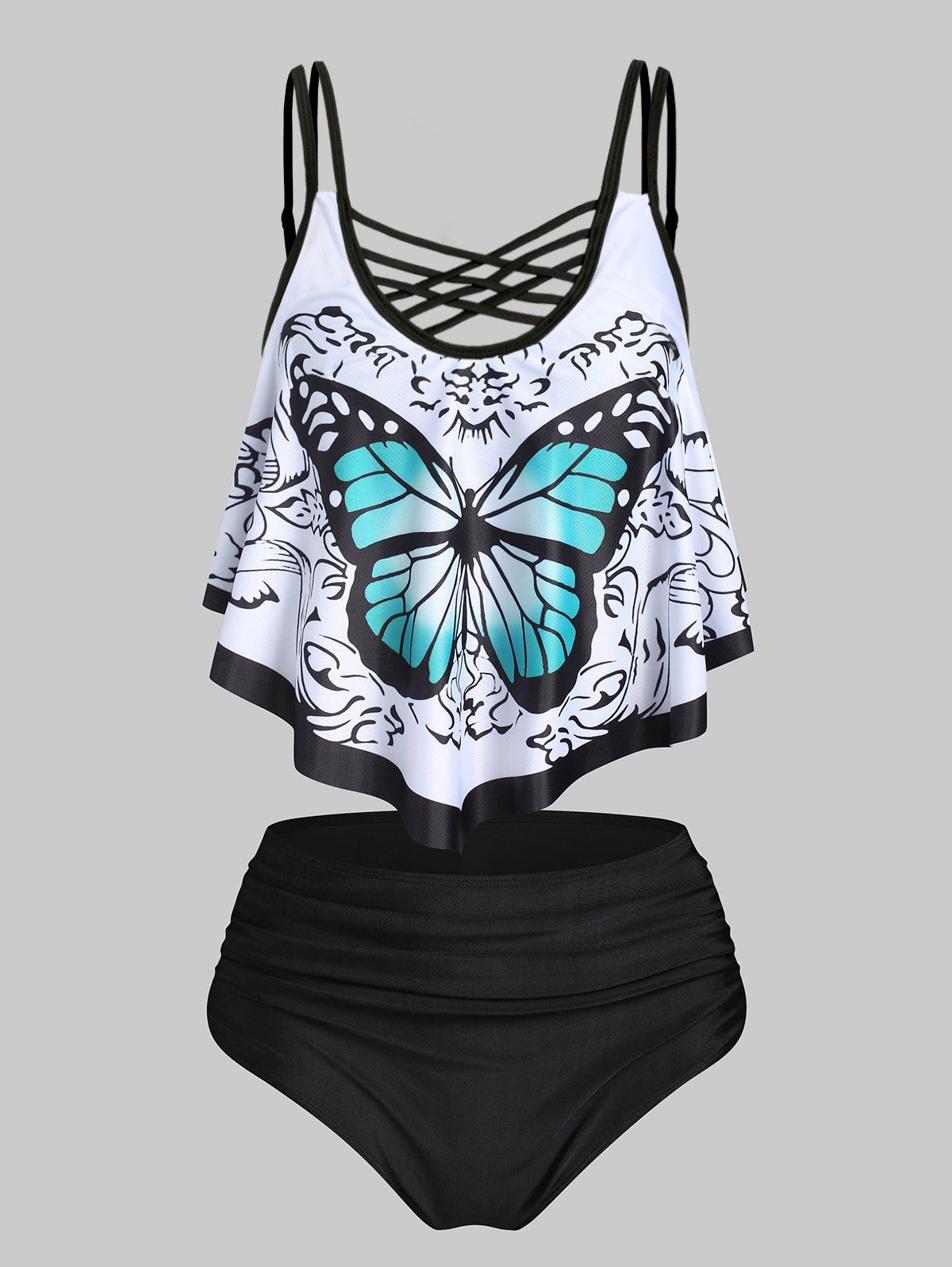 Ruffle Butterfly Print Crisscross Tankini Swimsuit - BLACK L