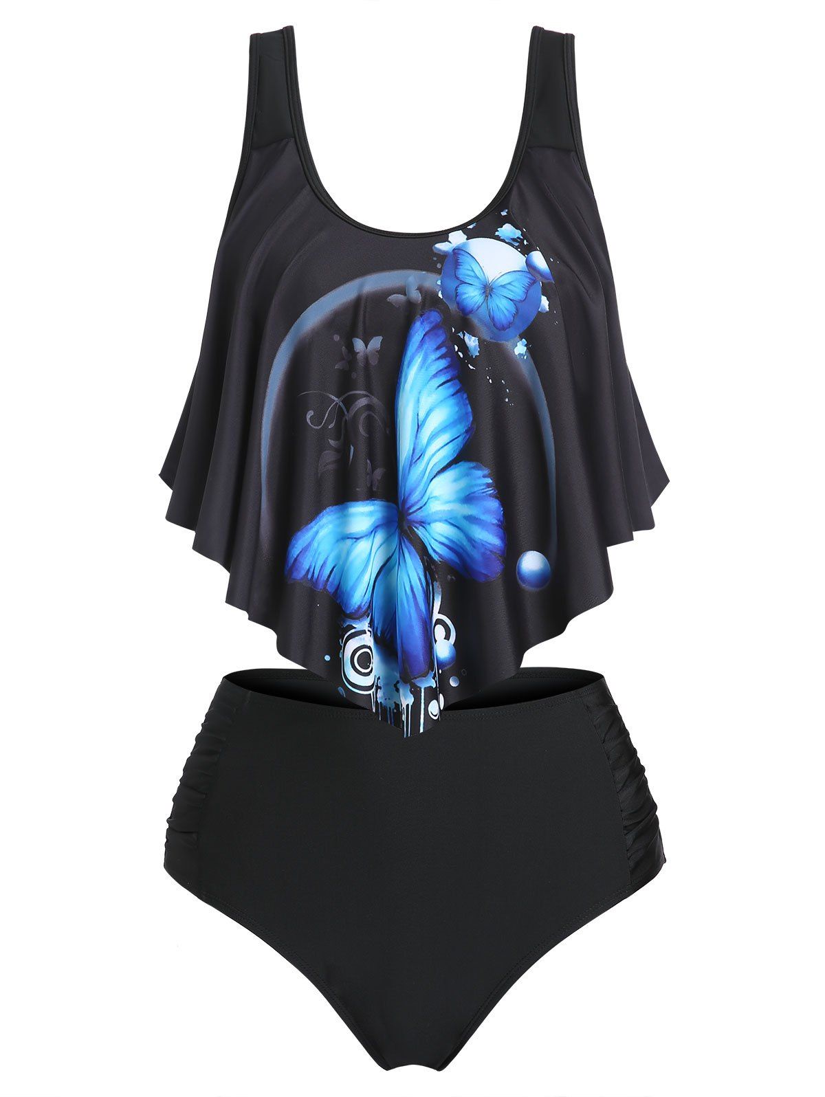 Flounce Butterfly Print Ruched Tankini Swimwear - BLACK M