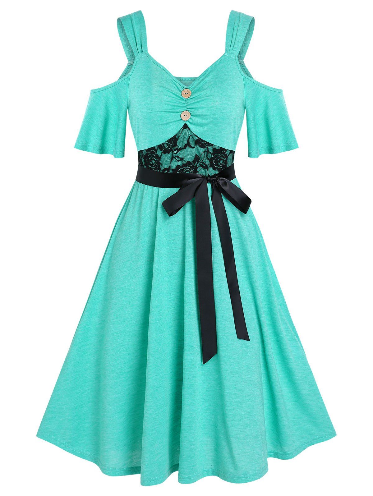 Summer A Line Knee Length Dress Cold Shoulder Belted Lace Insert Corset Style Mock Button Dress - LIGHT GREEN XXXL