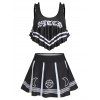Gothic Tummy Control Swimsuit Letter Moon Star Print Flounce Sporty Tankini Swimwear Set - BLACK M