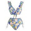 Vacation Swimsuit Lemon Floral Leaf Print Bowknot Ruffle Cinched Tankini Swimwear Set - BLUE L