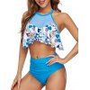 Summer Beach Swimsuit Floral Print Mesh Tie Up Ruffle Ruched High Waist Tankini Swimwear - LIGHT BLUE XL