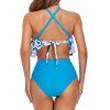 Summer Beach Swimsuit Floral Print Mesh Tie Up Ruffle Ruched High Waist Tankini Swimwear - LIGHT BLUE XL