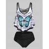 Ruffle Butterfly Print Crisscross Tankini Swimsuit - BLACK L