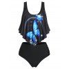 Flounce Butterfly Print Ruched Tankini Swimwear - BLACK XL