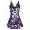 Skull Flower Print Gothic Tank Top Crochet Lace Insert Summer Casual Top - BLACK XXXL