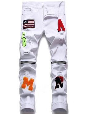 American Flag Patriotic Straight Denim Pants Distressed Letters Pockets Zipper Jeans