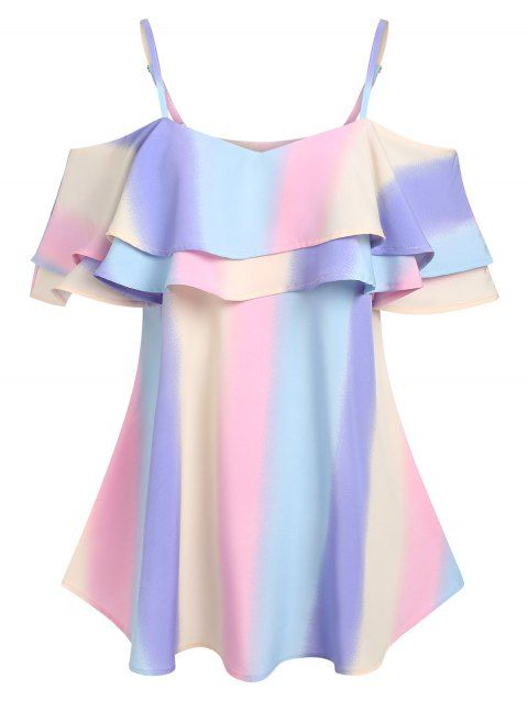 Ruffled Ombre Rainbow Color Cold Shoulder Tee
