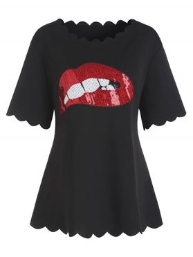 T-shirt Festonné Lèvre Contrasté en Blocs de Couleurs à Paillettes de Grande Taille