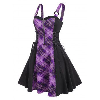 

Plus Size & Curve Dress Plaid Insert Dress O Ring Half Zip Lace Up A Line Midi Dress, Purple