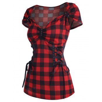 

Corset Lace Up T Shirt Sweetheart Neck Plaid Checkerboard Tee, Red