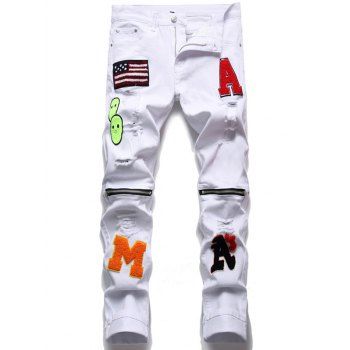 

American Flag Patriotic Straight Denim Pants Distressed Letters Pockets Zipper Jeans, White