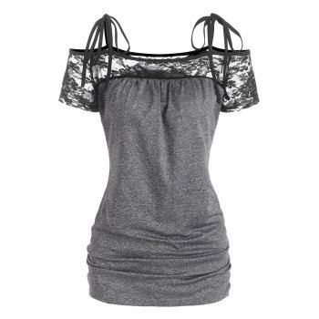 

Ruched Floral Lace Panel T Shirt Cold Shoulder Tied Ruch Tee, Gray