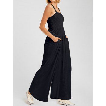 

Casual Wide Leg Jumpsuit Plain Color Ruched Strap High Waist Outfit, Black