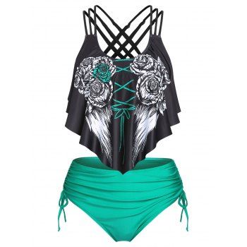 Summer Gothic Swimsuit Tummy Control Rose Wing Print Crisscross Cinched Ruched Tankini Swimwear