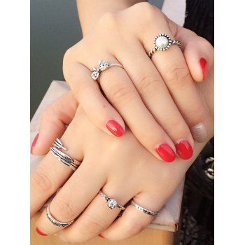 

6Pcs Vintage Bowknot Feather Artificial Pearl Rhinestone Letter Pattern Metal Finger Rings Set, Silver