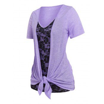 

Plus Size T Shirt Rose Lace Panel Colorblock Draped Faux Twinset Tee, Light purple