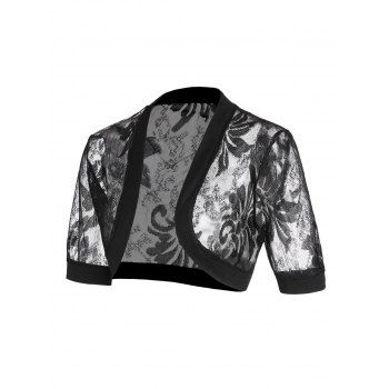

Summer Sheer Cropped Kimono Floral Lace Half Sleeve Collarless Trendy Top, Black