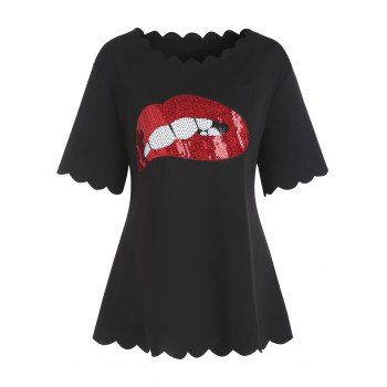 

Plus Size Contrast Colorblock Sequin Lip Teeth Scalloped T Shirt, Black