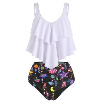 

Marine Life Flounce Tankini Swimsuit Shell Starfish Layered Swimwear Set, Multicolor