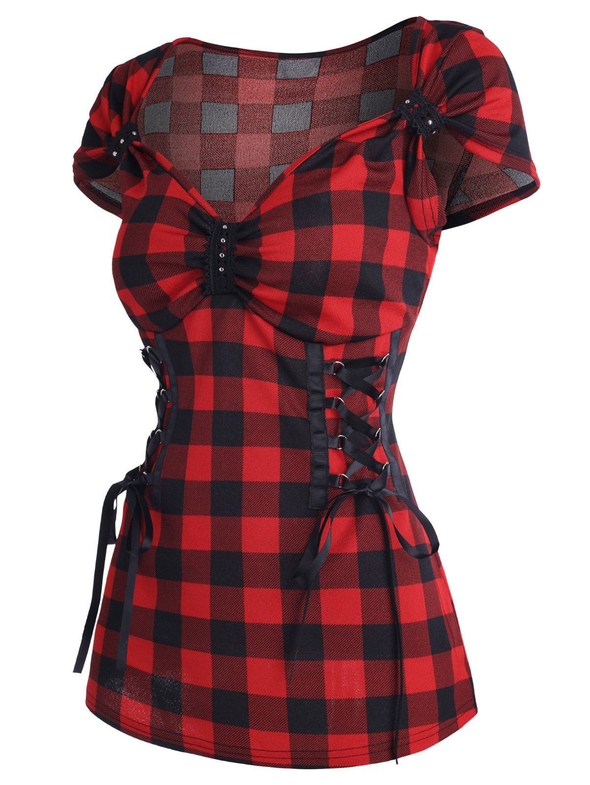 Corset Lace Up T Shirt Sweetheart Neck Plaid Checkerboard Tee - RED L