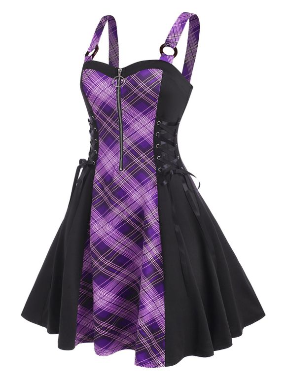 Plus Size & Curve Dress Plaid Insert Dress O Ring Half Zip Lace Up A Line Midi Dress - PURPLE 5X