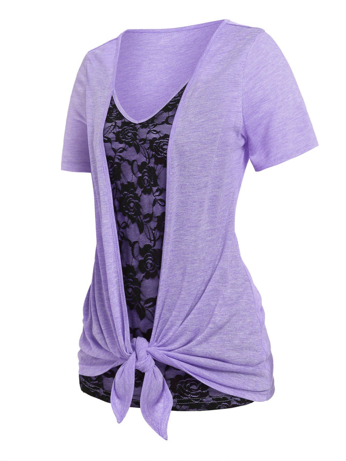 T-shirt Drapé Bicolore Panneau en Dentelle de Grande Taille - Violet clair 4X
