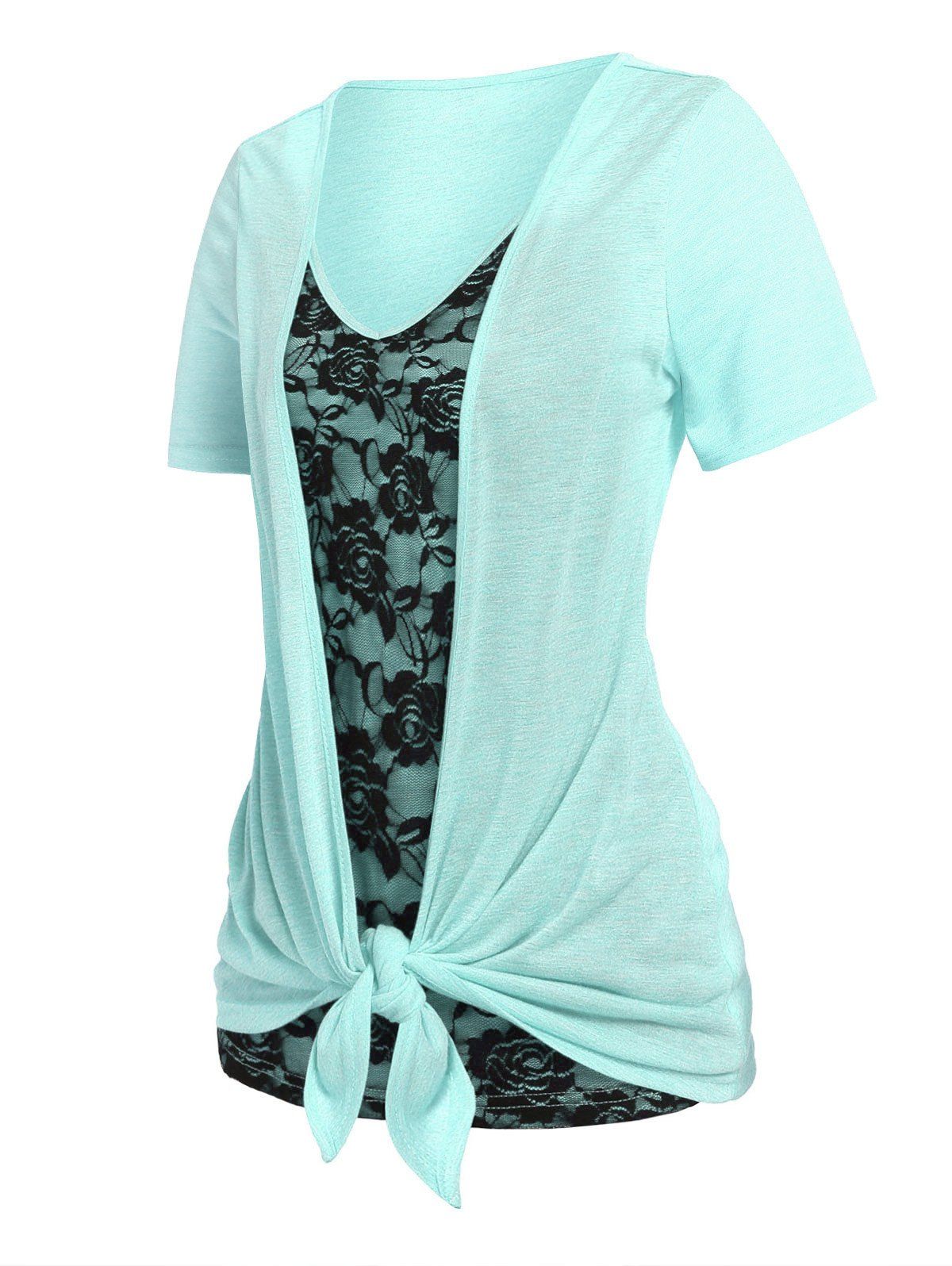 Plus Size T Shirt Rose Lace Panel Colorblock Draped Faux Twinset Tee - LIGHT GREEN 4X